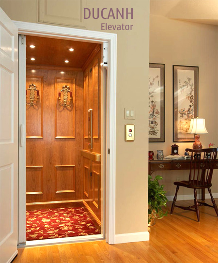Nội thất ấn tượng của thang máy cabin ốp gỗ.