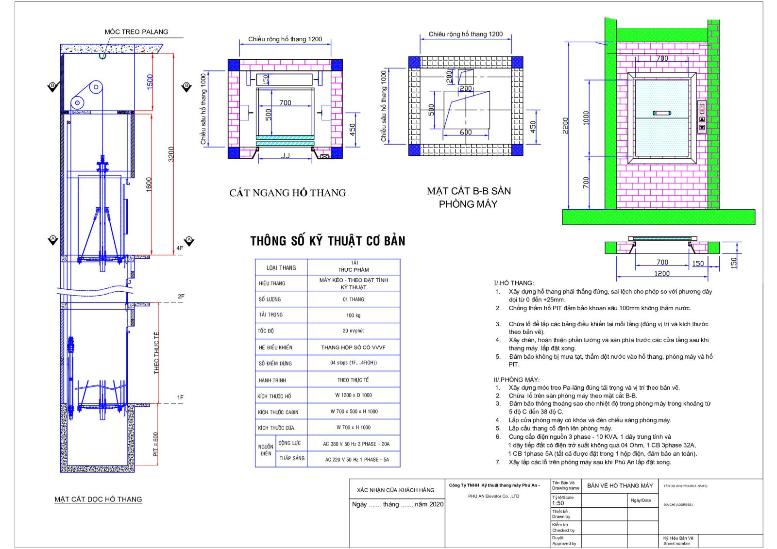 Bản vẽ kỹ thuật thang máy tải thực phẩm.